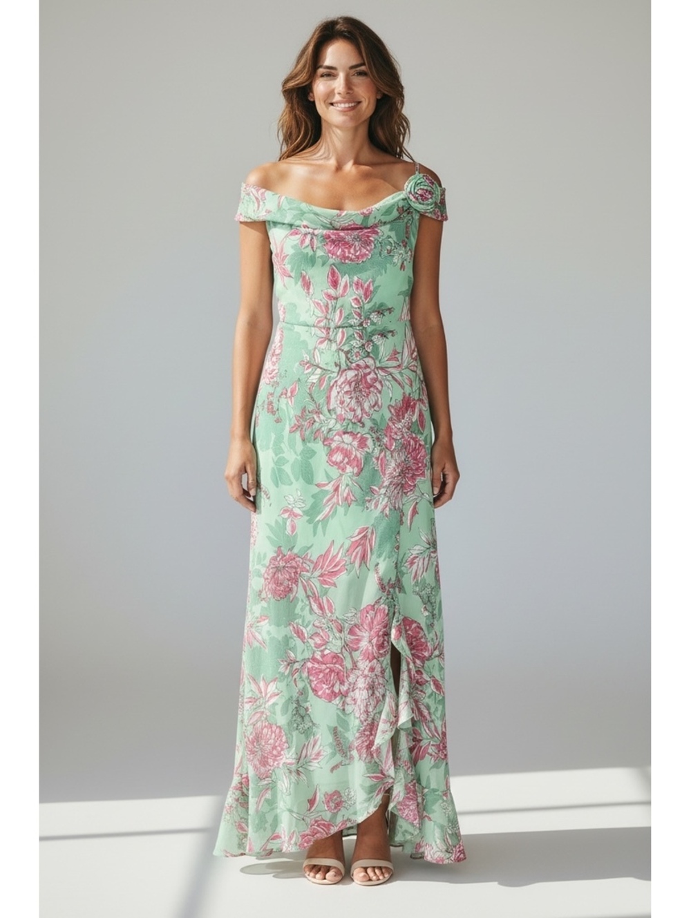 Zara Women's Floral Off-Shoulder Maxi Dress, Size M, Mint Green with Pink Flower